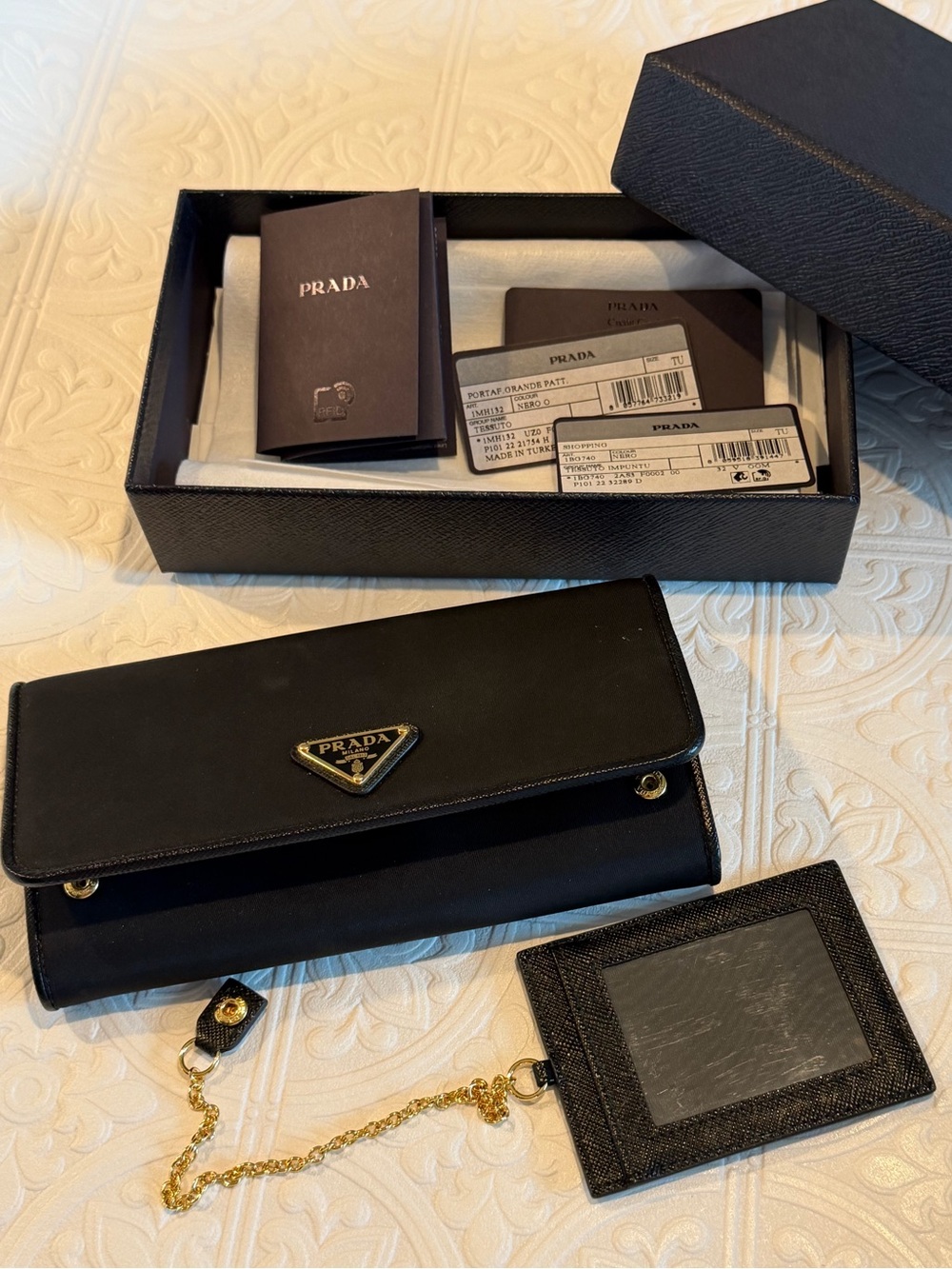 Prada Black Saffiano Leather Wallet with Gold Chain and ID Holder